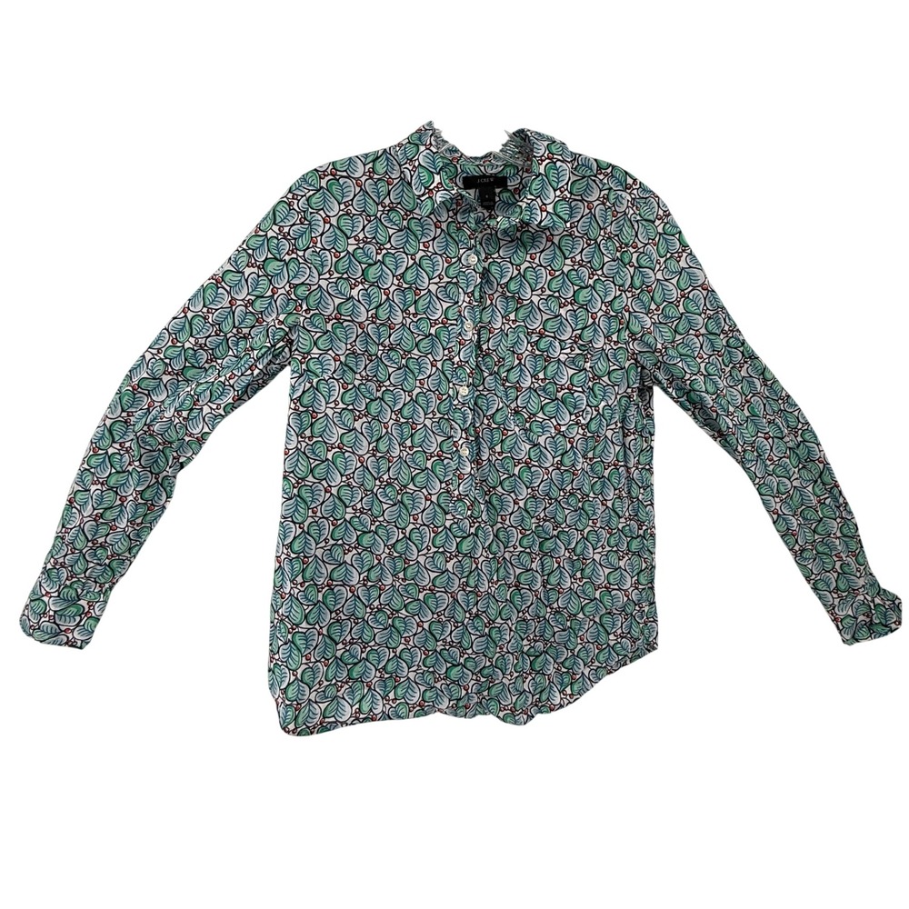 J.Crew Womens Green White Leaf Berry Print Button Down Shirt Size 6 Long Sleeve